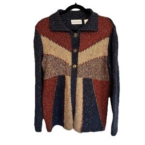 Alfred Dunner Womens Small Open Front Patchwork Blue Burnt Orange Cardigan Cozy